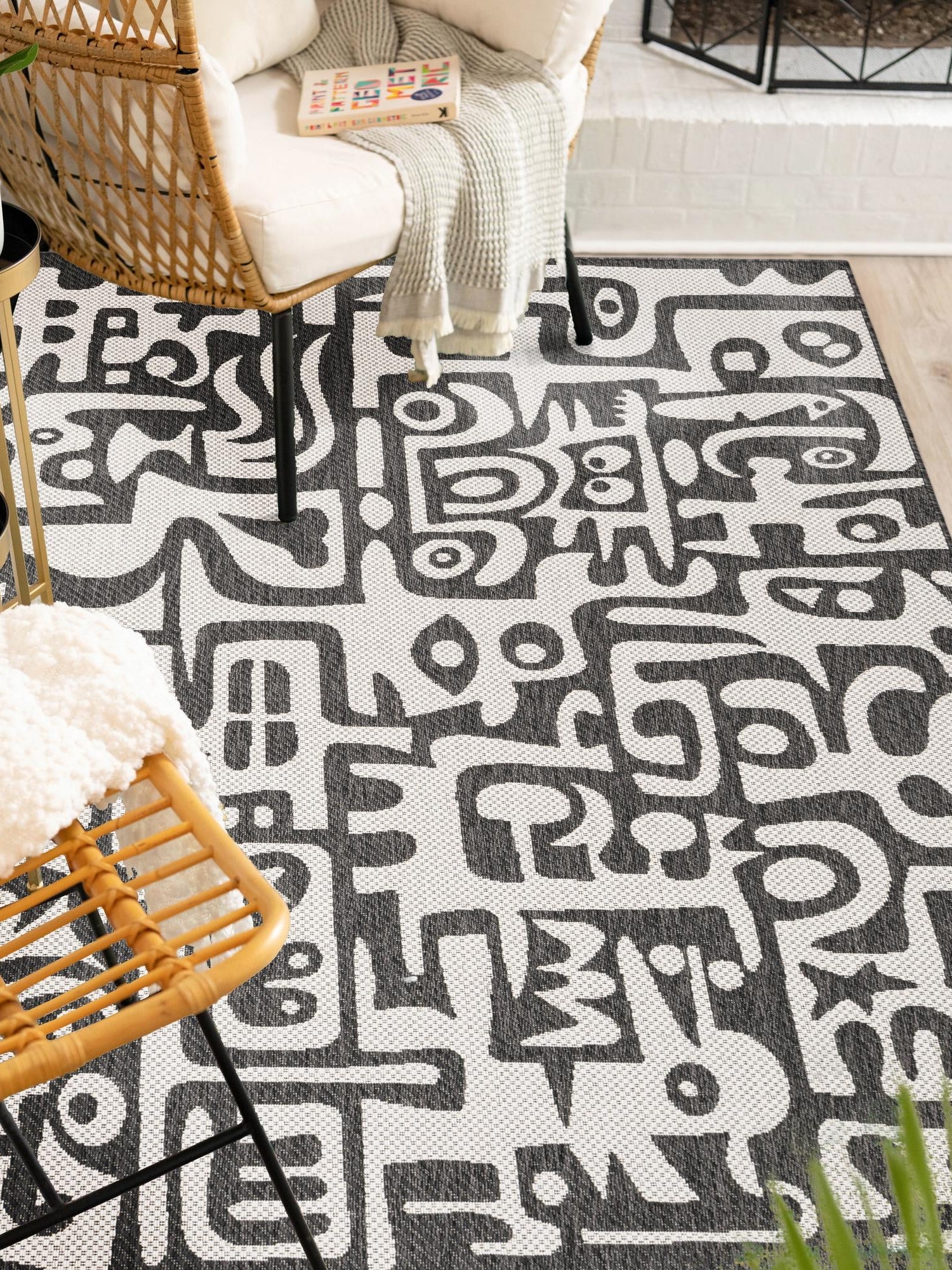 Black and White 5' 3 x 8' Outdoor Modern Rectangle Area Rug Weather Resistant for Patio, Deck, Terrace, Balcony, Porch 100% Polypropylene Modern Outside Carpet for Sale at Rug Engine