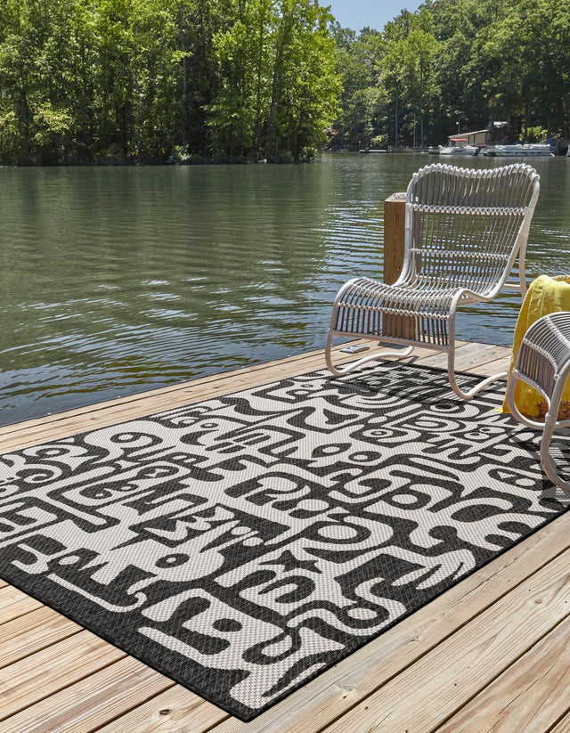 Black and White 6' 1 x 9' Outdoor Modern Rectangle Area Rug Weather Resistant for Patio, Deck, Terrace, Balcony, Porch 100% Polypropylene Modern Outside Carpet for Sale at Rug Engine