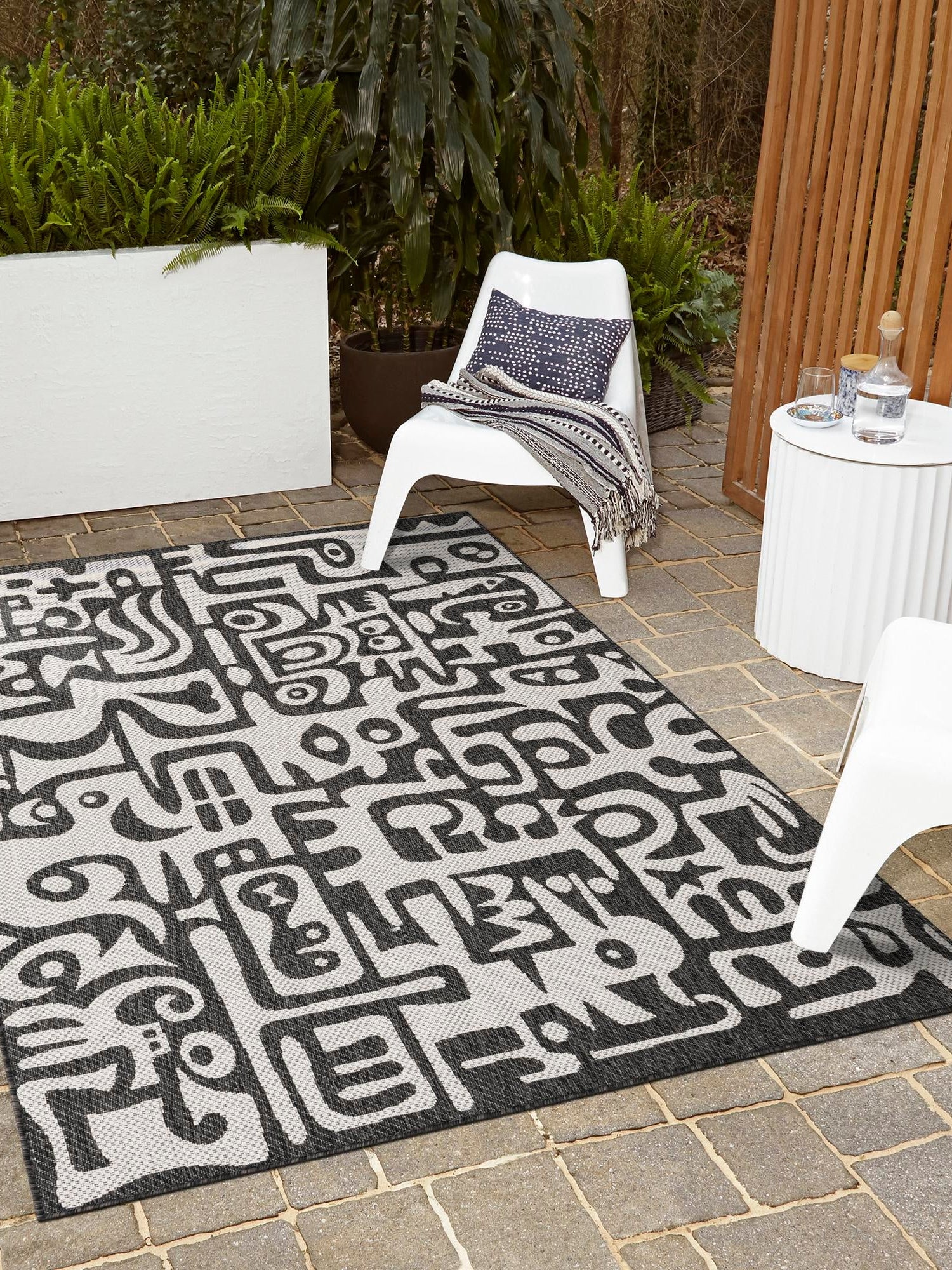 Black and White 7' 10 x 10' Outdoor Modern Rectangle Area Rug Weather Resistant for Patio, Deck, Terrace, Balcony, Porch 100% Polypropylene Modern Outside Carpet for Sale at Rug Engine