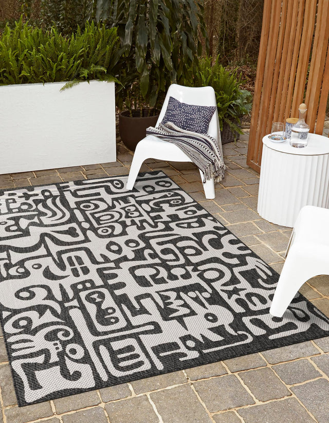 Black and White 2' x 3' 1 Outdoor Modern Rectangle Area Rug Weather Resistant for Patio, Deck, Terrace, Balcony, Porch 100% Polypropylene Modern Outside Carpet for Sale at Rug Engine