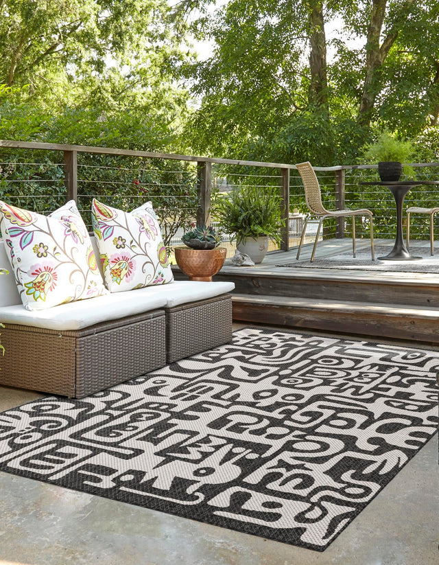 Black and White 6' 1 x 9' Outdoor Modern Rectangle Area Rug Weather Resistant for Patio, Deck, Terrace, Balcony, Porch 100% Polypropylene Modern Outside Carpet for Sale at Rug Engine