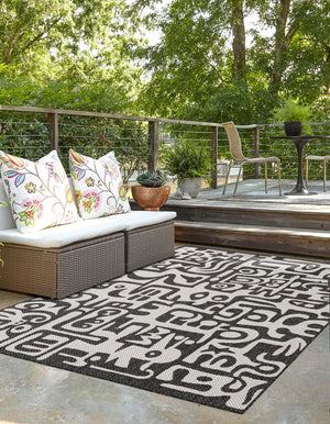 Black and White 2' x 3' 1 Outdoor Modern Rectangle Area Rug Weather Resistant for Patio, Deck, Terrace, Balcony, Porch 100% Polypropylene Modern Outside Carpet for Sale at Rug Engine