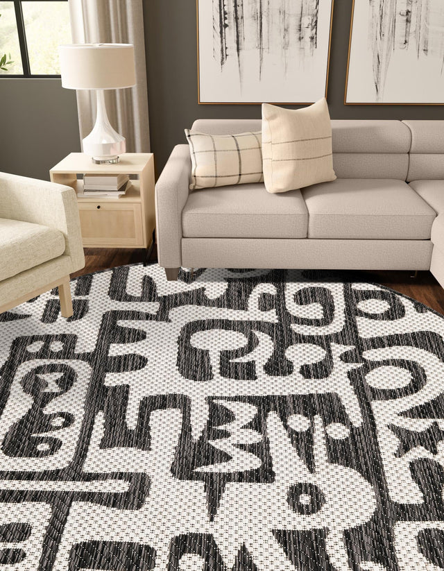 Black and White 10' x 10' Outdoor Modern Round Area Rug Weather Resistant for Patio, Deck, Terrace, Balcony, Porch 100% Polypropylene Modern Outside Carpet for Sale at Rug Engine
