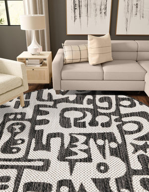 Black and White 12' x 12' Outdoor Modern Round Area Rug Weather Resistant for Patio, Deck, Terrace, Balcony, Porch 100% Polypropylene Modern Outside Carpet for Sale at Rug Engine