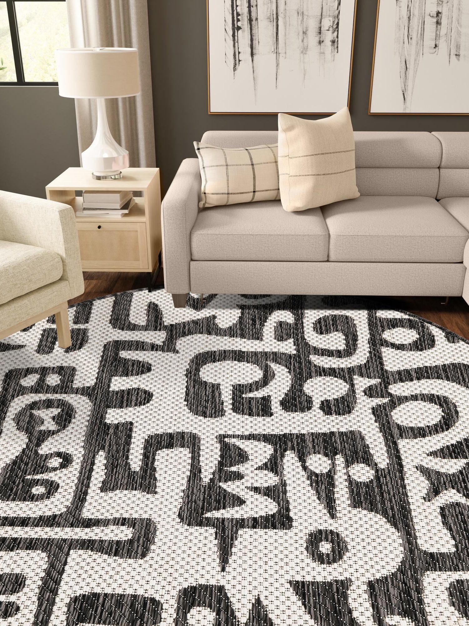 Black and White 3' 1 x 3' 1 Outdoor Modern Round Area Rug Weather Resistant for Patio, Deck, Terrace, Balcony, Porch 100% Polypropylene Modern Outside Carpet for Sale at Rug Engine