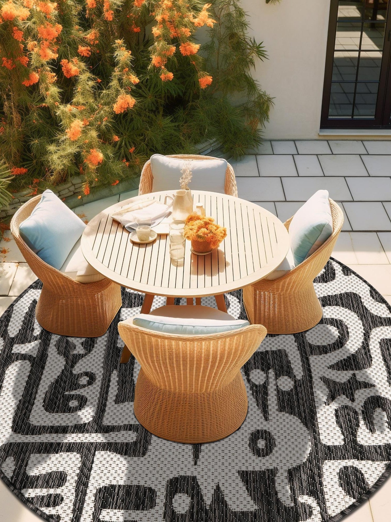 Black and White 6' 1 x 6' 1 Outdoor Modern Round Area Rug Weather Resistant for Patio, Deck, Terrace, Balcony, Porch 100% Polypropylene Modern Outside Carpet for Sale at Rug Engine