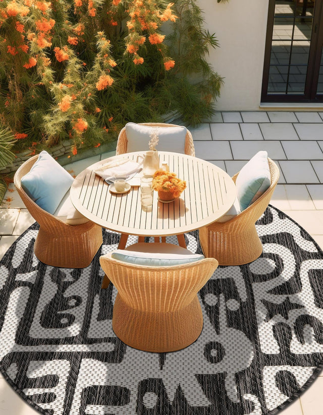 Black and White 6' 1 x 6' 1 Outdoor Modern Round Area Rug Weather Resistant for Patio, Deck, Terrace, Balcony, Porch 100% Polypropylene Modern Outside Carpet for Sale at Rug Engine