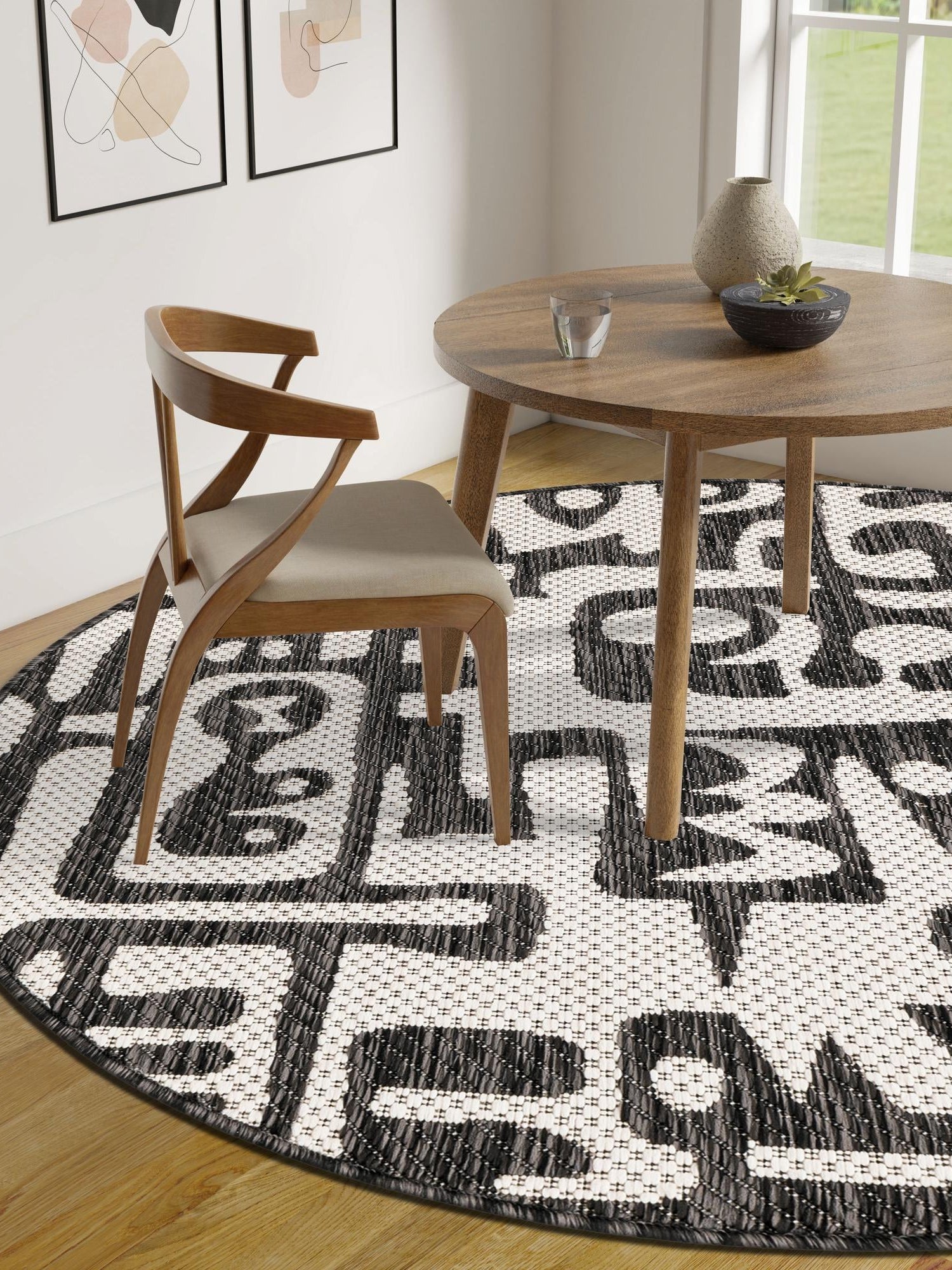 Black and White 6' 1 x 6' 1 Outdoor Modern Round Area Rug Weather Resistant for Patio, Deck, Terrace, Balcony, Porch 100% Polypropylene Modern Outside Carpet for Sale at Rug Engine