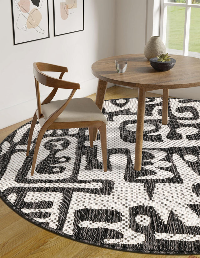 Black and White 3' 1 x 3' 1 Outdoor Modern Round Area Rug Weather Resistant for Patio, Deck, Terrace, Balcony, Porch 100% Polypropylene Modern Outside Carpet for Sale at Rug Engine
