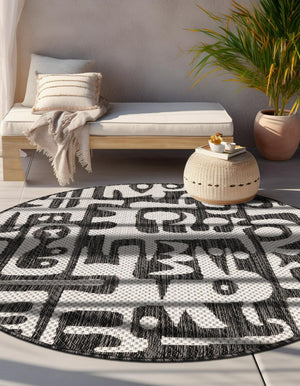 Black and White 10' x 10' Outdoor Modern Round Area Rug Weather Resistant for Patio, Deck, Terrace, Balcony, Porch 100% Polypropylene Modern Outside Carpet for Sale at Rug Engine