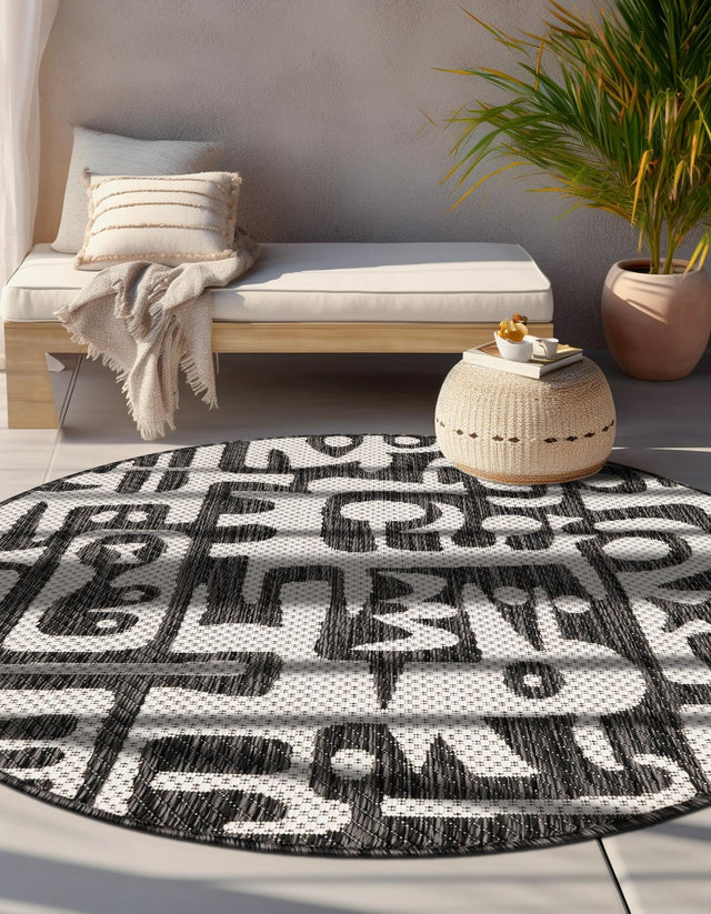 Black and White 10' x 10' Outdoor Modern Round Area Rug Weather Resistant for Patio, Deck, Terrace, Balcony, Porch 100% Polypropylene Modern Outside Carpet for Sale at Rug Engine
