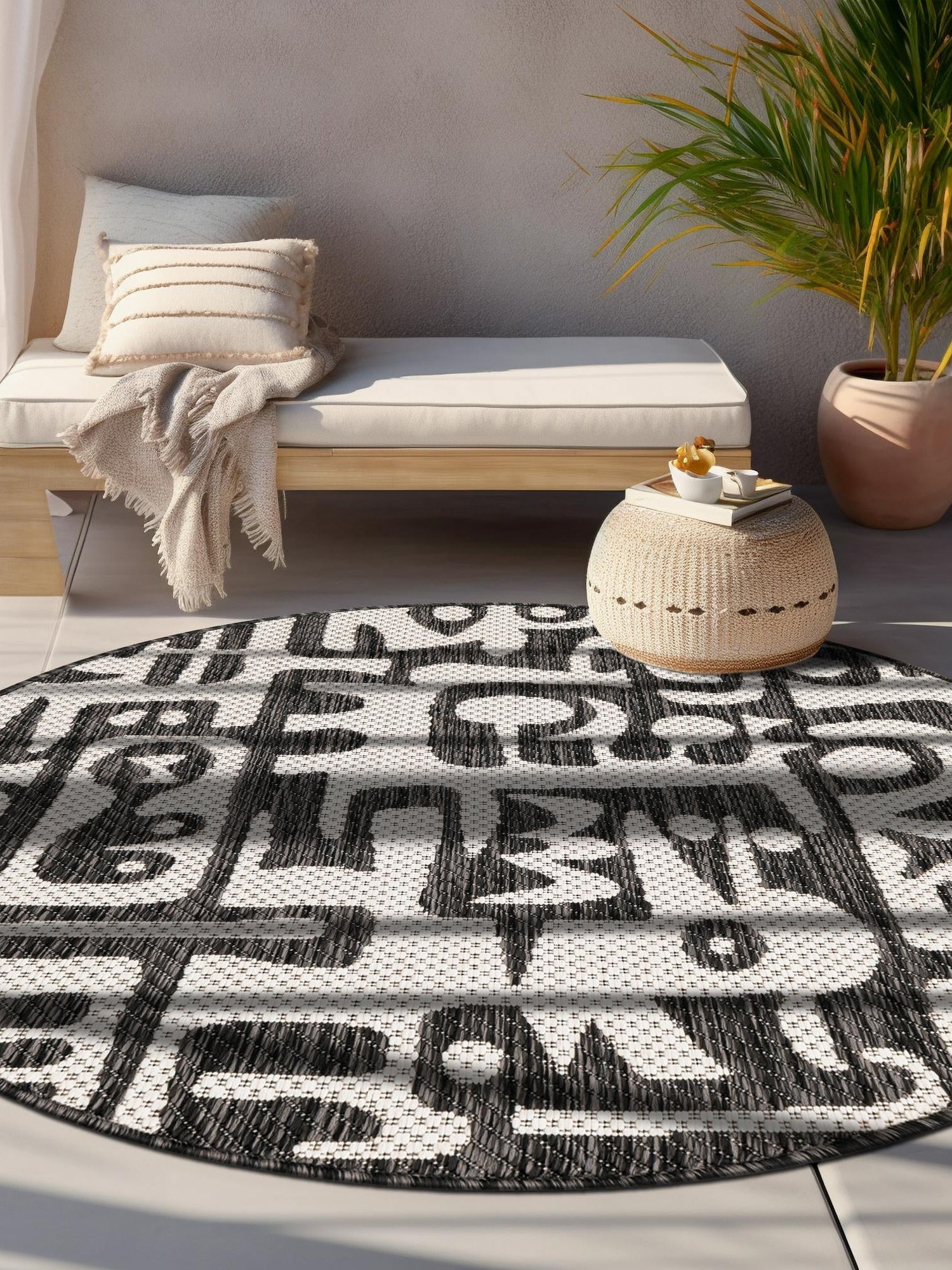 Black and White 3' 1 x 3' 1 Outdoor Modern Round Area Rug Weather Resistant for Patio, Deck, Terrace, Balcony, Porch 100% Polypropylene Modern Outside Carpet for Sale at Rug Engine