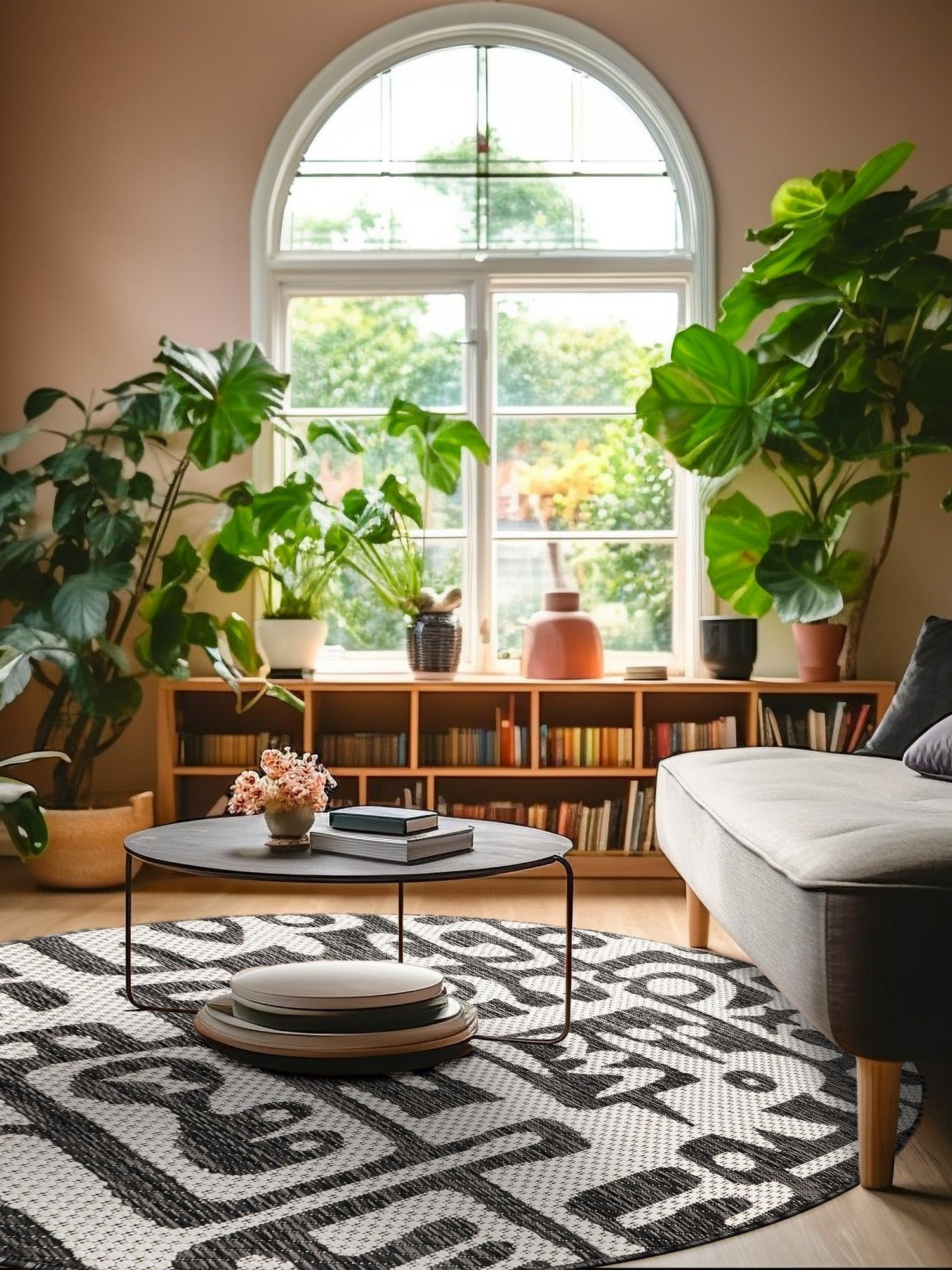 Black and White 3' 1 x 3' 1 Outdoor Modern Round Area Rug Weather Resistant for Patio, Deck, Terrace, Balcony, Porch 100% Polypropylene Modern Outside Carpet for Sale at Rug Engine