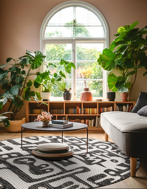 Black and White 7' 10 x 7' 10 Outdoor Modern Round Area Rug Weather Resistant for Patio, Deck, Terrace, Balcony, Porch 100% Polypropylene Modern Outside Carpet for Sale at Rug Engine