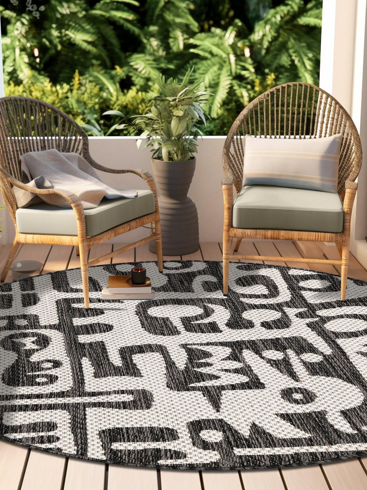 Black and White 3' 1 x 3' 1 Outdoor Modern Round Area Rug Weather Resistant for Patio, Deck, Terrace, Balcony, Porch 100% Polypropylene Modern Outside Carpet for Sale at Rug Engine