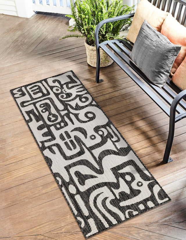 Black and White 2' 7 x 12' Outdoor Modern Runner Area Rug Weather Resistant for Patio, Deck, Terrace, Balcony, Porch 100% Polypropylene Modern Outside Carpet for Sale at Rug Engine