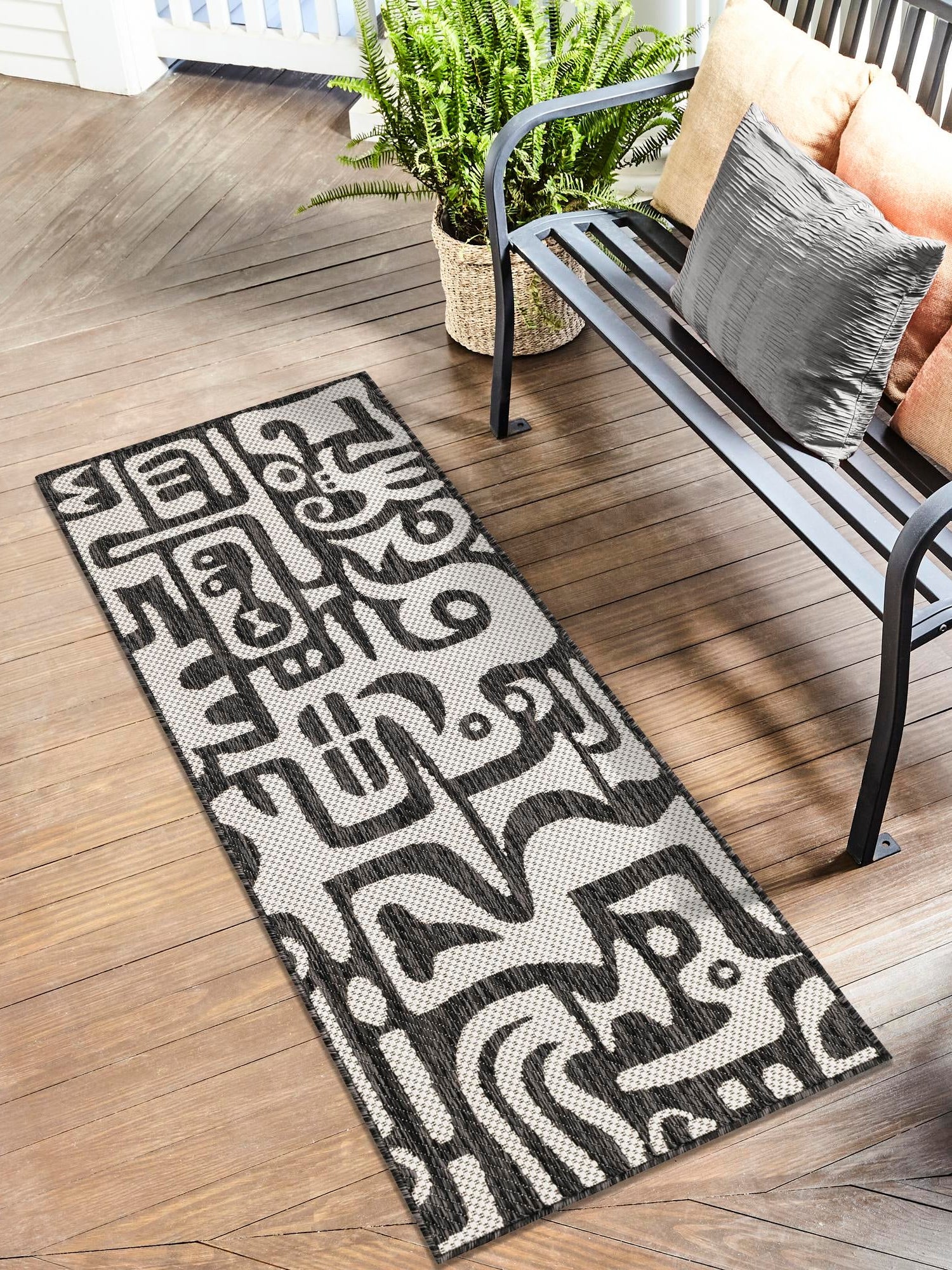 Black and White 2' x 6' 1 Outdoor Modern Runner Area Rug Weather Resistant for Patio, Deck, Terrace, Balcony, Porch 100% Polypropylene Modern Outside Carpet for Sale at Rug Engine