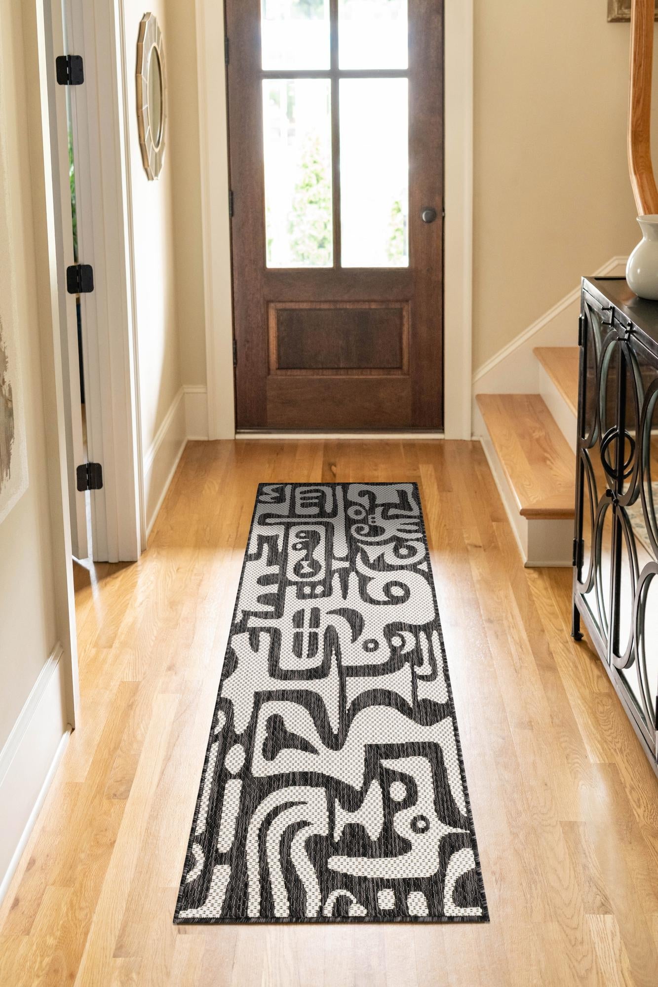 Black and White 2' x 6' 1 Outdoor Modern Runner Area Rug Weather Resistant for Patio, Deck, Terrace, Balcony, Porch 100% Polypropylene Modern Outside Carpet for Sale at Rug Engine