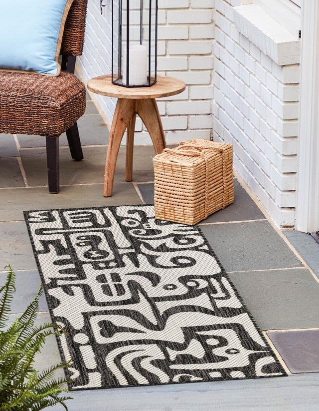 Black and White 2' 7 x 12' Outdoor Modern Runner Area Rug Weather Resistant for Patio, Deck, Terrace, Balcony, Porch 100% Polypropylene Modern Outside Carpet for Sale at Rug Engine