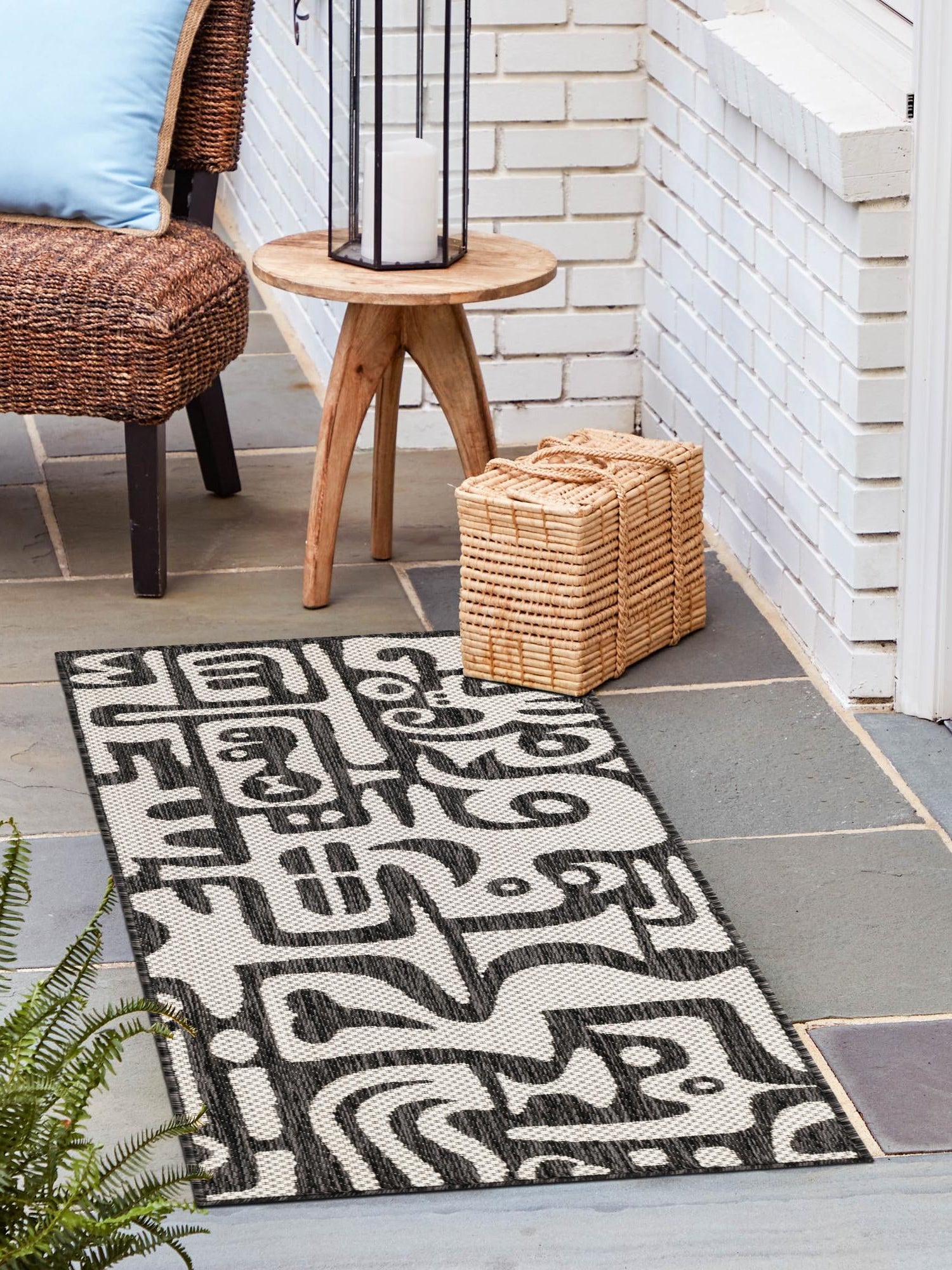 Black and White 2' x 8' Outdoor Modern Runner Area Rug Weather Resistant for Patio, Deck, Terrace, Balcony, Porch 100% Polypropylene Modern Outside Carpet for Sale at Rug Engine