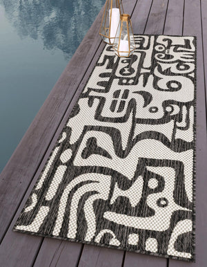 Black and White 2' x 5' 3 Outdoor Modern Runner Area Rug Weather Resistant for Patio, Deck, Terrace, Balcony, Porch 100% Polypropylene Modern Outside Carpet for Sale at Rug Engine