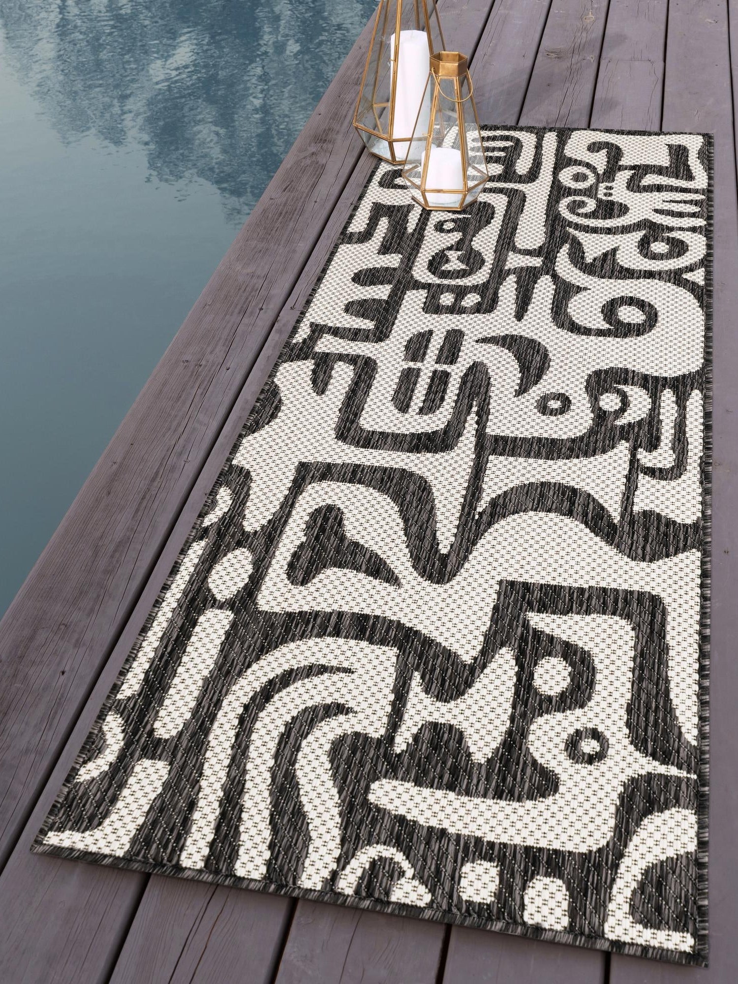 Black and White 2' x 8' Outdoor Modern Runner Area Rug Weather Resistant for Patio, Deck, Terrace, Balcony, Porch 100% Polypropylene Modern Outside Carpet for Sale at Rug Engine