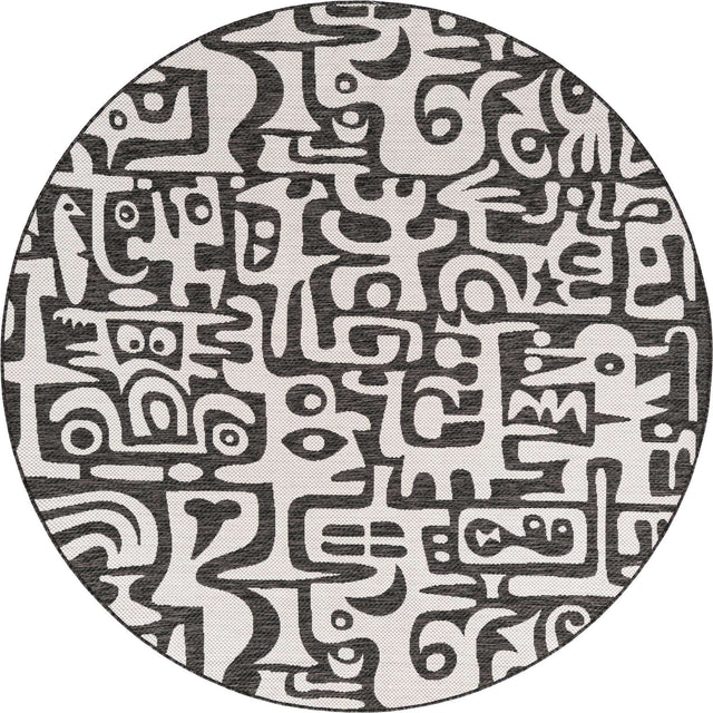 Black and White 7' 10 x 7' 10 Outdoor Modern Round Area Rug Weather Resistant for Patio, Deck, Terrace, Balcony, Porch 100% Polypropylene Modern Outside Carpet for Sale at Rug Engine