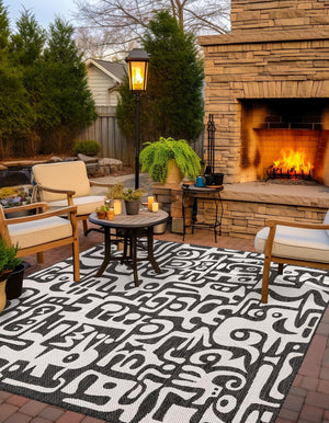 Black and White 10' x 10' Outdoor Modern Square Area Rug Weather Resistant for Patio, Deck, Terrace, Balcony, Porch 100% Polypropylene Modern Outside Carpet for Sale at Rug Engine