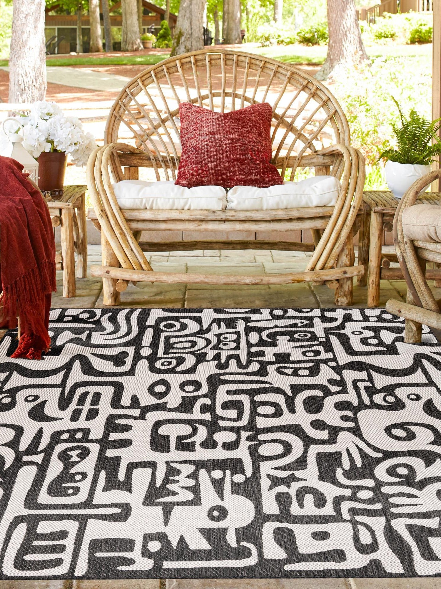 Black and White 7' 10 x 7' 10 Outdoor Modern Square Area Rug Weather Resistant for Patio, Deck, Terrace, Balcony, Porch 100% Polypropylene Modern Outside Carpet for Sale at Rug Engine