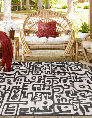 Black and White 10' x 10' Outdoor Modern Square Area Rug Weather Resistant for Patio, Deck, Terrace, Balcony, Porch 100% Polypropylene Modern Outside Carpet for Sale at Rug Engine