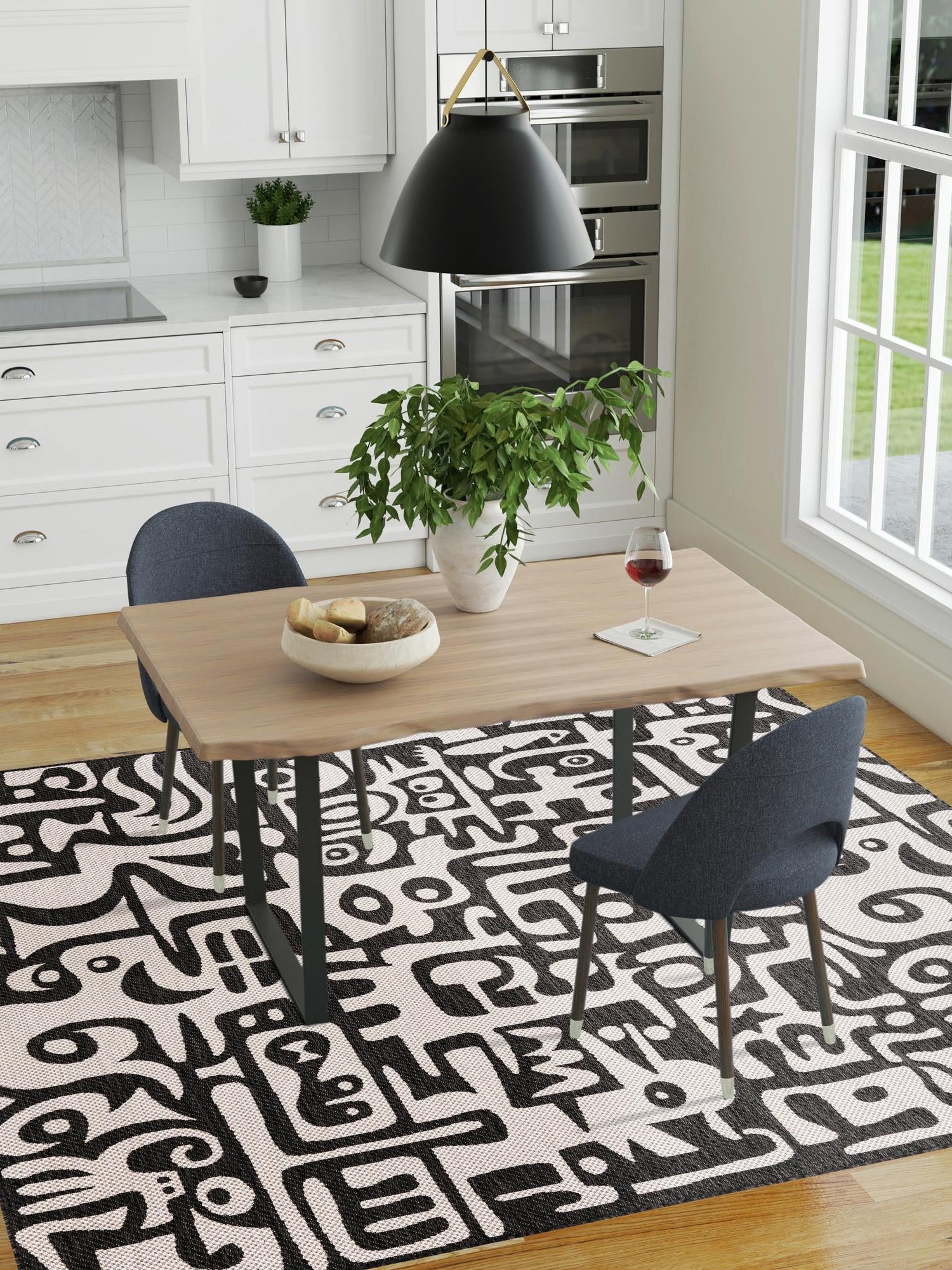 Black and White 7' 10 x 7' 10 Outdoor Modern Square Area Rug Weather Resistant for Patio, Deck, Terrace, Balcony, Porch 100% Polypropylene Modern Outside Carpet for Sale at Rug Engine