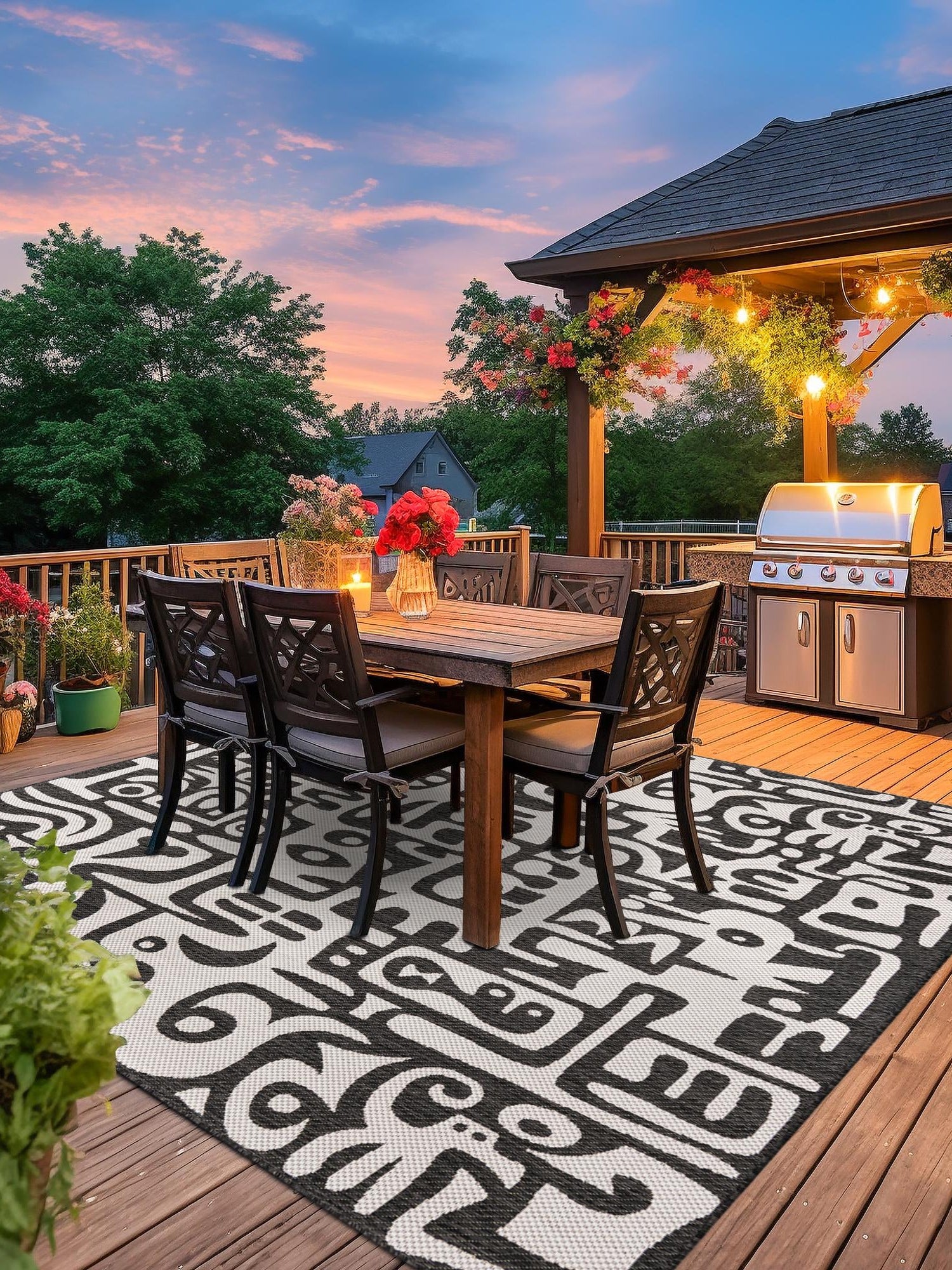 Black and White 7' 10 x 7' 10 Outdoor Modern Square Area Rug Weather Resistant for Patio, Deck, Terrace, Balcony, Porch 100% Polypropylene Modern Outside Carpet for Sale at Rug Engine