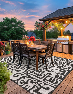 Black and White 7' 10 x 7' 10 Outdoor Modern Square Area Rug Weather Resistant for Patio, Deck, Terrace, Balcony, Porch 100% Polypropylene Modern Outside Carpet for Sale at Rug Engine
