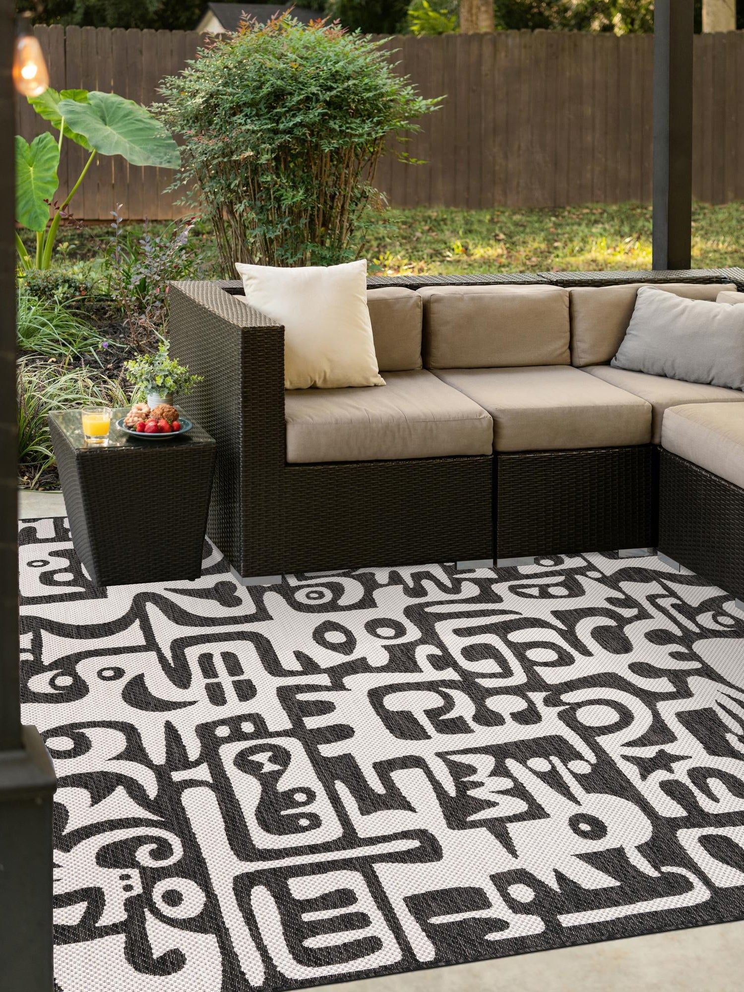 Black and White 7' 10 x 7' 10 Outdoor Modern Square Area Rug Weather Resistant for Patio, Deck, Terrace, Balcony, Porch 100% Polypropylene Modern Outside Carpet for Sale at Rug Engine