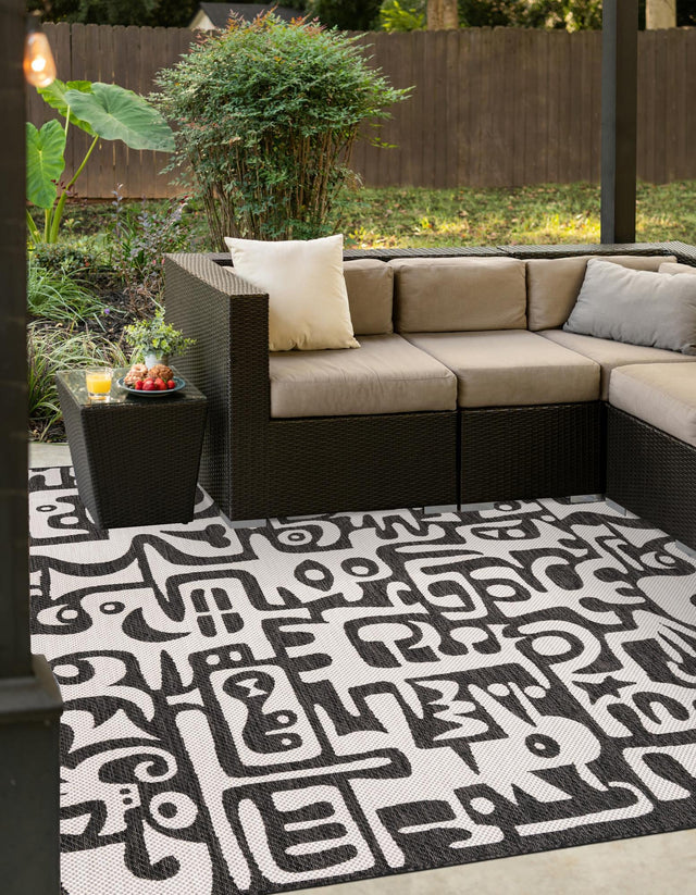 Black and White 10' x 10' Outdoor Modern Square Area Rug Weather Resistant for Patio, Deck, Terrace, Balcony, Porch 100% Polypropylene Modern Outside Carpet for Sale at Rug Engine