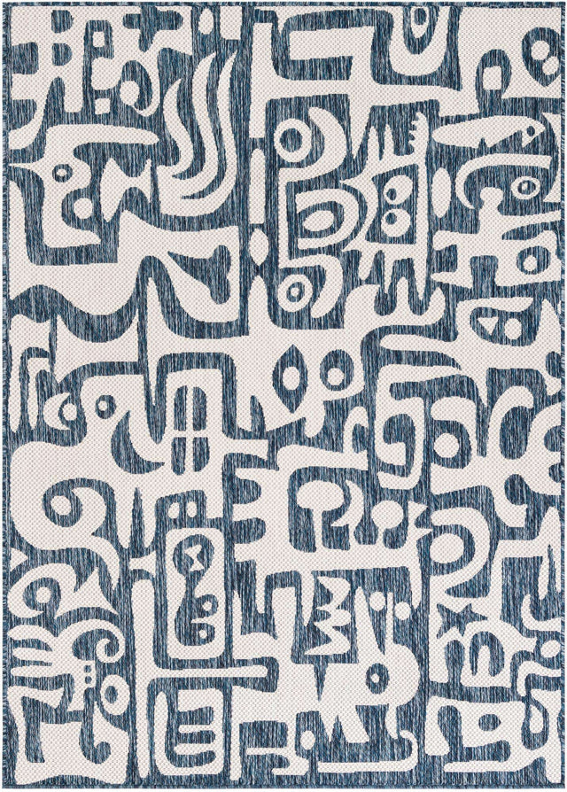 Blue 5' 3 x 7' 1 Outdoor Modern Rectangle Area Rug Weather Resistant for Patio, Deck, Terrace, Balcony, Porch 100% Polypropylene Modern Outside Carpet for Sale at Rug Engine