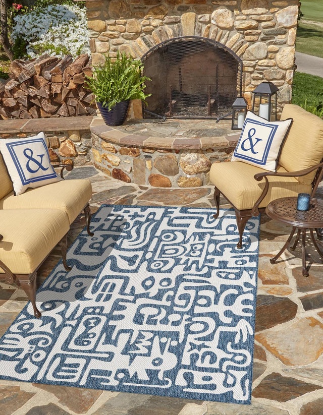Blue 10' x 14' 1 Outdoor Modern Rectangle Area Rug Weather Resistant for Patio, Deck, Terrace, Balcony, Porch 100% Polypropylene Modern Outside Carpet for Sale at Rug Engine