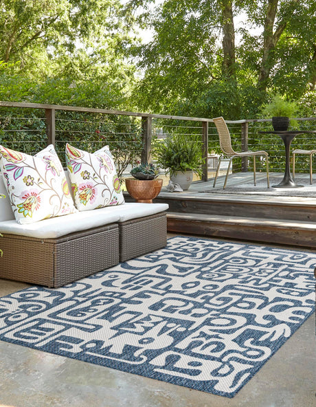 Blue 4' 1 x 6' 1 Outdoor Modern Rectangle Area Rug Weather Resistant for Patio, Deck, Terrace, Balcony, Porch 100% Polypropylene Modern Outside Carpet for Sale at Rug Engine