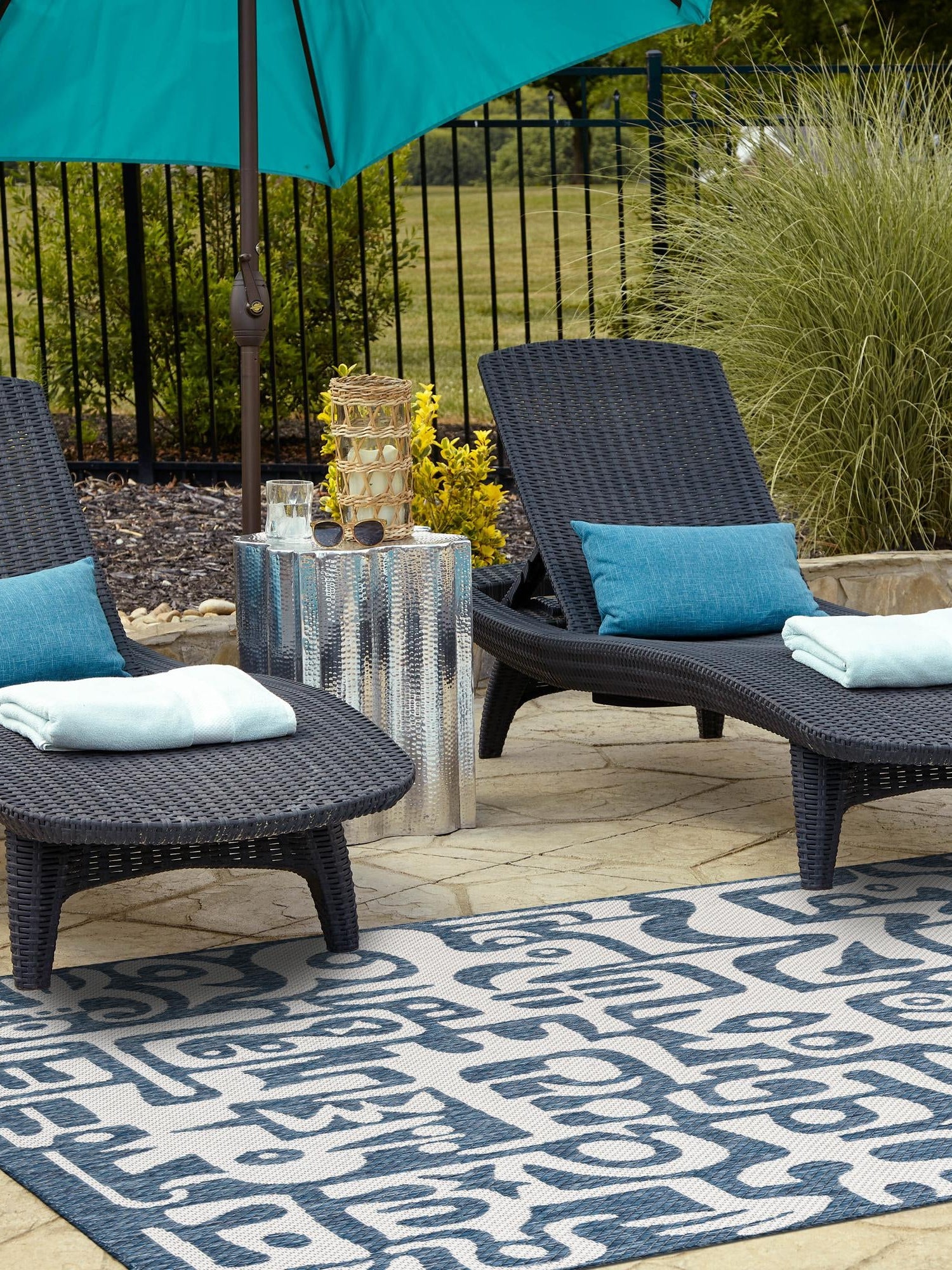 Blue 6' 1 x 9' Outdoor Modern Rectangle Area Rug Weather Resistant for Patio, Deck, Terrace, Balcony, Porch 100% Polypropylene Modern Outside Carpet for Sale at Rug Engine
