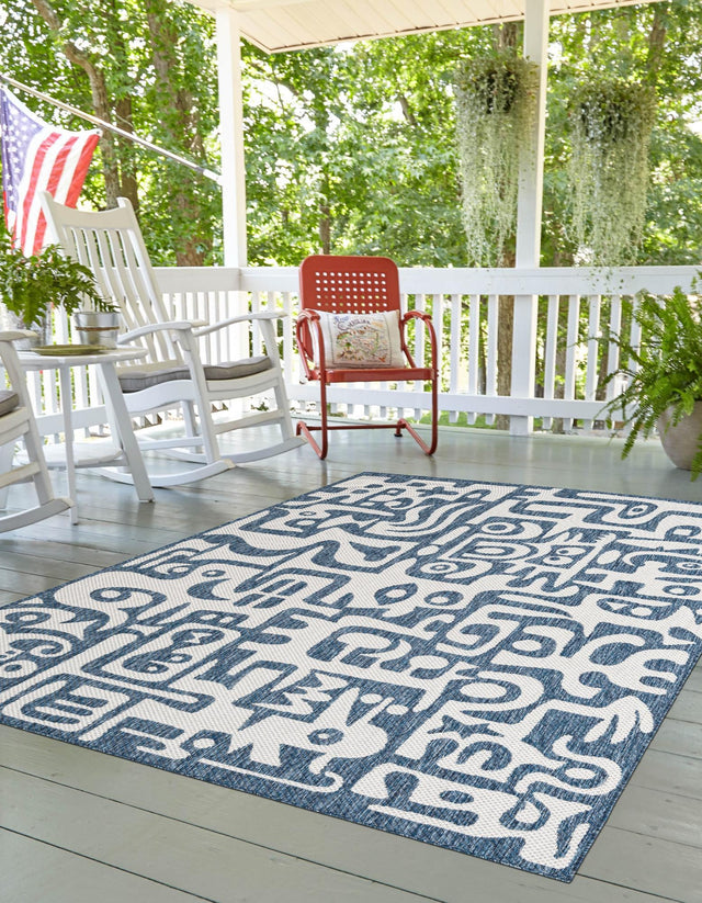 Blue 2' x 3' 1 Outdoor Modern Rectangle Area Rug Weather Resistant for Patio, Deck, Terrace, Balcony, Porch 100% Polypropylene Modern Outside Carpet for Sale at Rug Engine