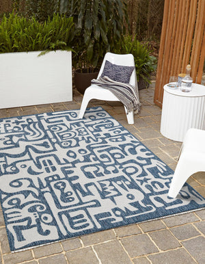 Blue 4' 1 x 6' 1 Outdoor Modern Rectangle Area Rug Weather Resistant for Patio, Deck, Terrace, Balcony, Porch 100% Polypropylene Modern Outside Carpet for Sale at Rug Engine