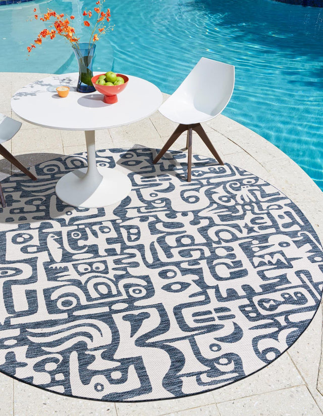 Blue 7' 10 x 7' 10 Outdoor Modern Round Area Rug Weather Resistant for Patio, Deck, Terrace, Balcony, Porch 100% Polypropylene Modern Outside Carpet for Sale at Rug Engine