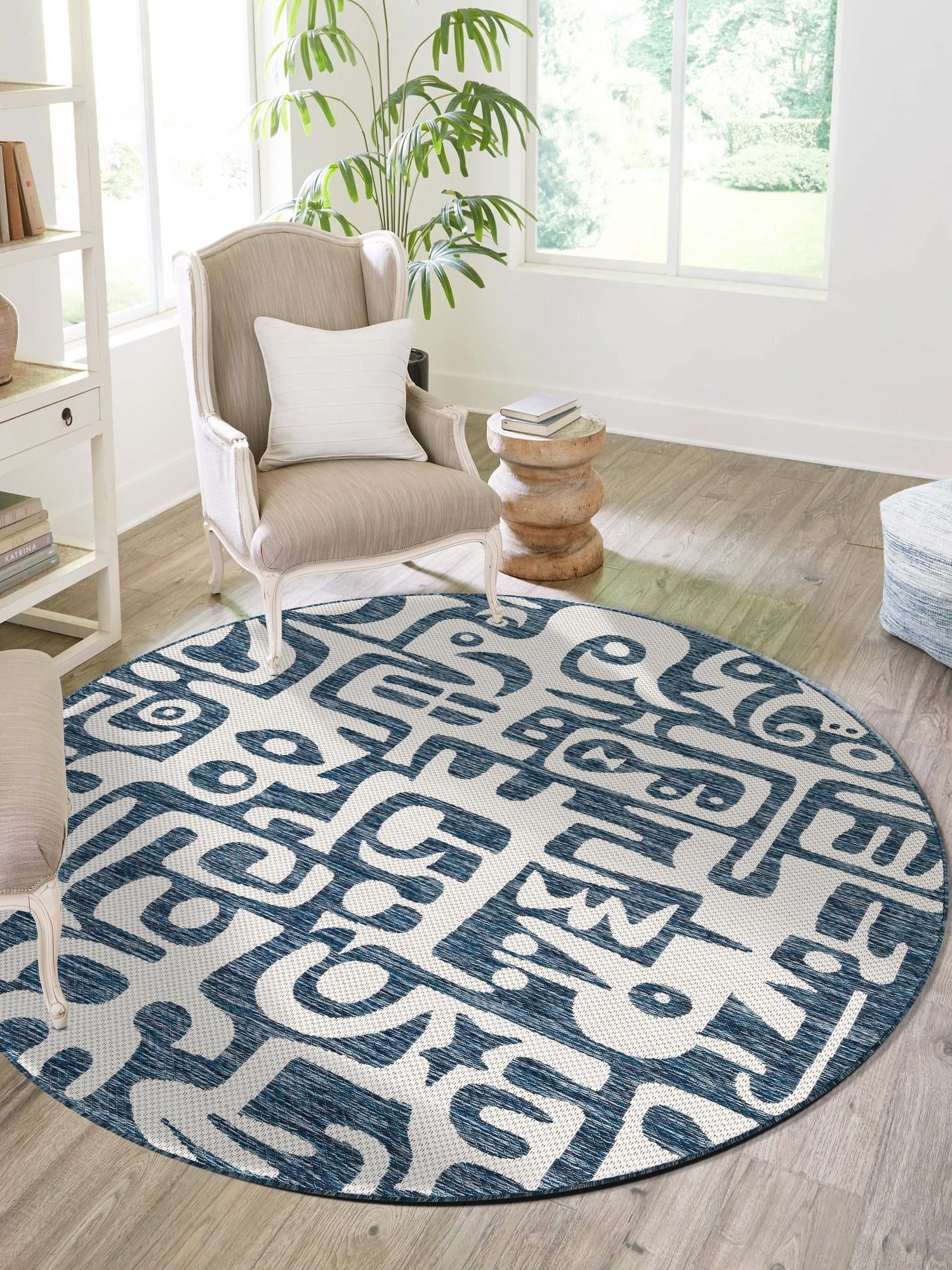 Blue 6' 1 x 6' 1 Outdoor Modern Round Area Rug Weather Resistant for Patio, Deck, Terrace, Balcony, Porch 100% Polypropylene Modern Outside Carpet for Sale at Rug Engine