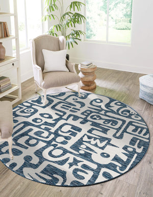 Blue 10' x 10' Outdoor Modern Round Area Rug Weather Resistant for Patio, Deck, Terrace, Balcony, Porch 100% Polypropylene Modern Outside Carpet for Sale at Rug Engine