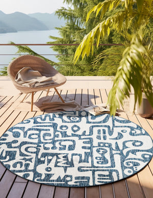 Blue 10' x 10' Outdoor Modern Round Area Rug Weather Resistant for Patio, Deck, Terrace, Balcony, Porch 100% Polypropylene Modern Outside Carpet for Sale at Rug Engine