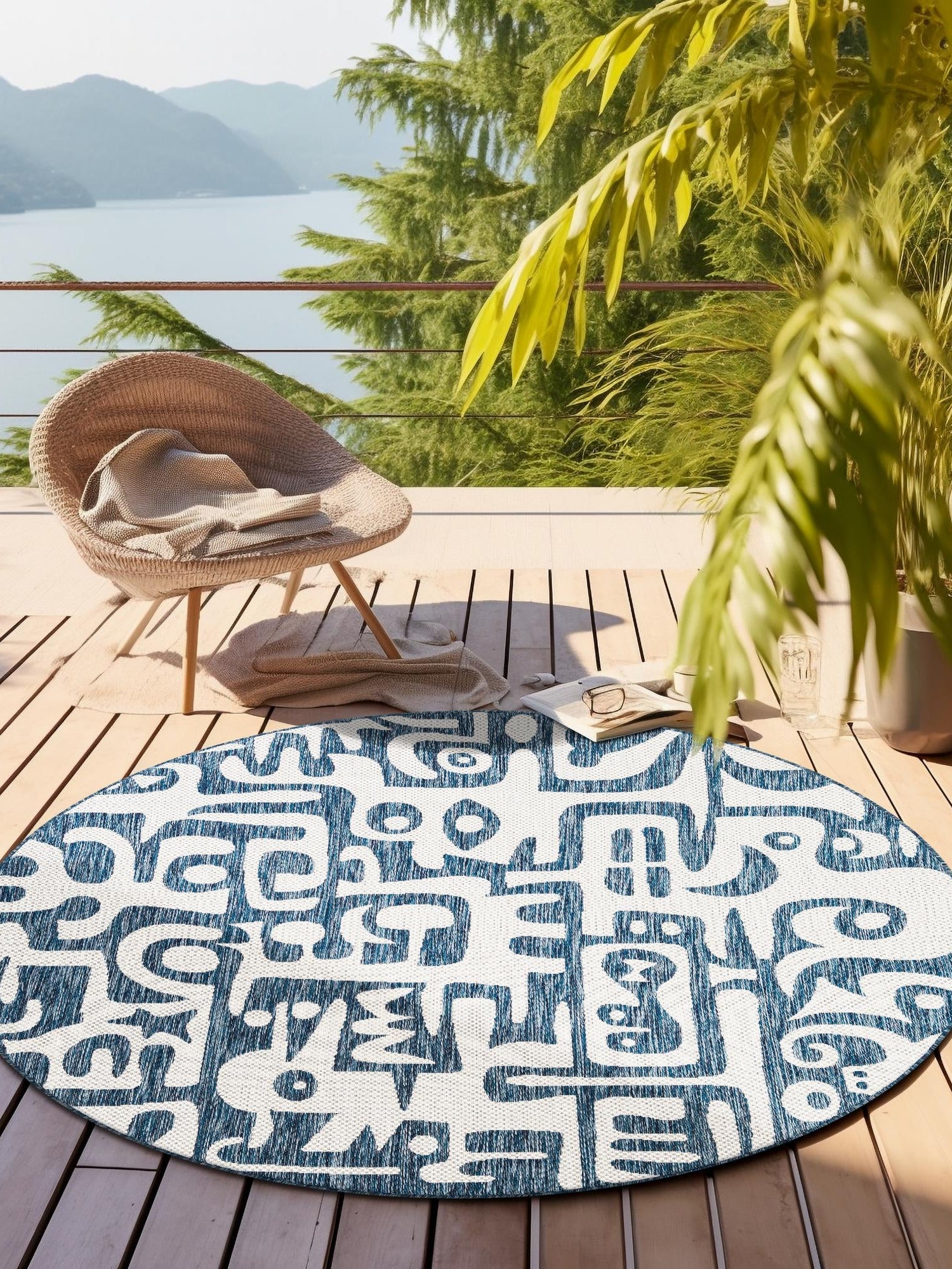 Blue 6' 1 x 6' 1 Outdoor Modern Round Area Rug Weather Resistant for Patio, Deck, Terrace, Balcony, Porch 100% Polypropylene Modern Outside Carpet for Sale at Rug Engine