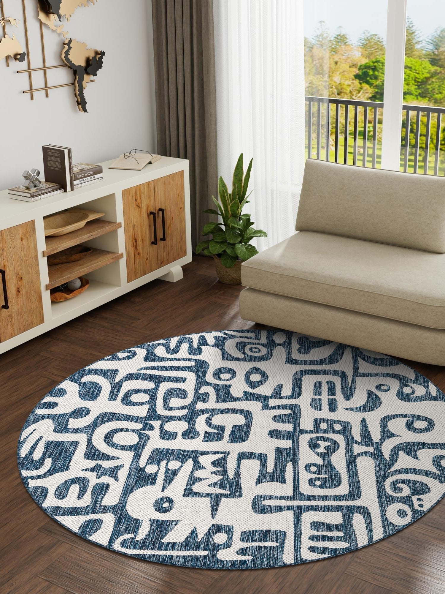 Blue 3' 1 x 3' 1 Outdoor Modern Round Area Rug Weather Resistant for Patio, Deck, Terrace, Balcony, Porch 100% Polypropylene Modern Outside Carpet for Sale at Rug Engine