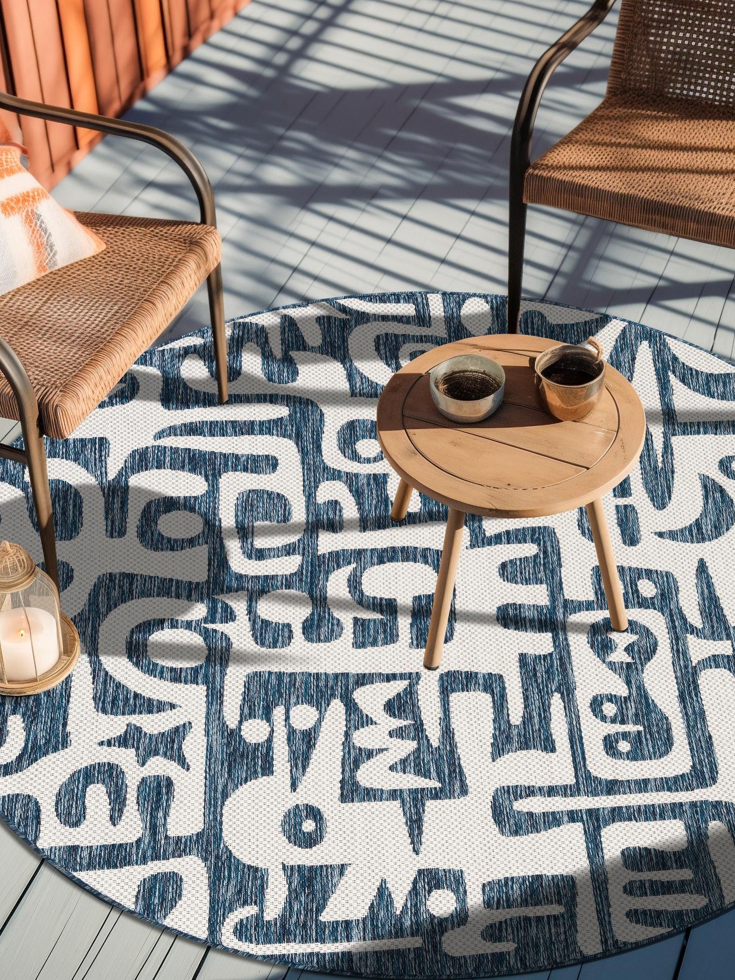 Blue 3' 1 x 3' 1 Outdoor Modern Round Area Rug Weather Resistant for Patio, Deck, Terrace, Balcony, Porch 100% Polypropylene Modern Outside Carpet for Sale at Rug Engine