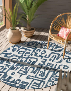 Blue 7' 10 x 7' 10 Outdoor Modern Round Area Rug Weather Resistant for Patio, Deck, Terrace, Balcony, Porch 100% Polypropylene Modern Outside Carpet for Sale at Rug Engine