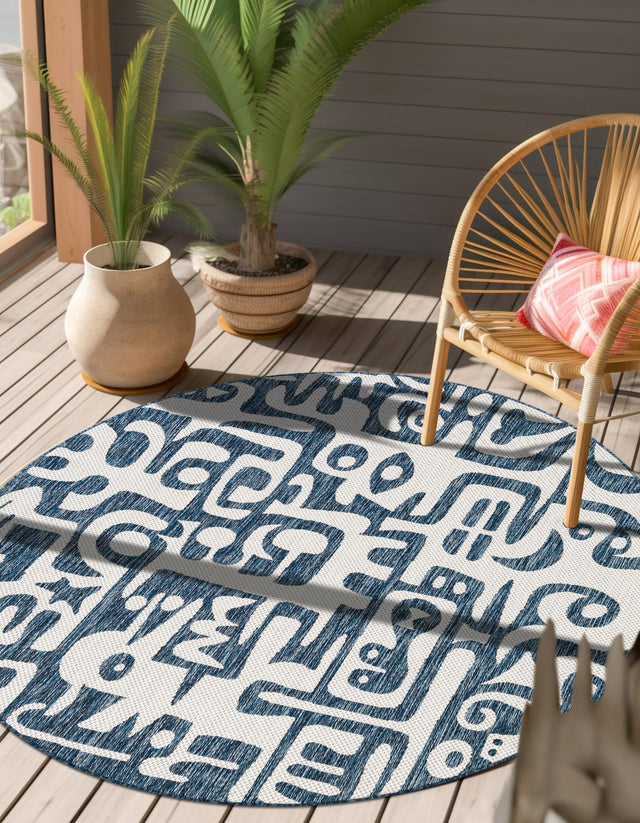 Blue 6' 1 x 6' 1 Outdoor Modern Round Area Rug Weather Resistant for Patio, Deck, Terrace, Balcony, Porch 100% Polypropylene Modern Outside Carpet for Sale at Rug Engine